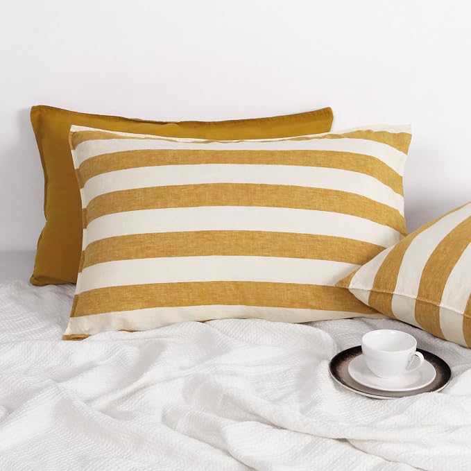 Striped Linen Pillow Cases Set of 2,20"x40" King Size,100% French Natural Flax Soft Linen Pillowcases,Yellow Stripe