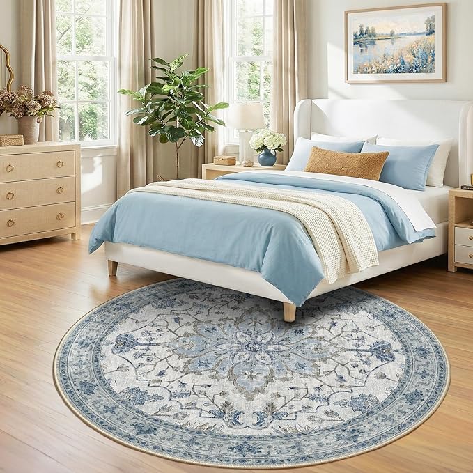 RELEANY Area Rugs 7ft Washable Non-Slip, Floral Vintage Distress Print Pattern Medallion Carpet for Living Room Bedroom Dining Room, Light Blue Navy Beige Gray White