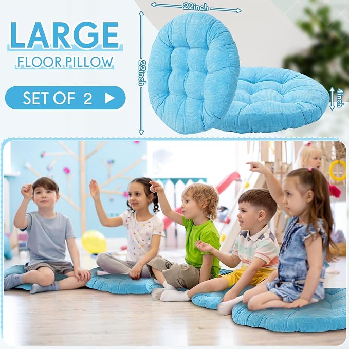 Jerify 2 Pcs Floor Pillow Cushions Large Round Square Large Meditation Floor Pillow for Classroom Adult Meditation Picnic Party Seating Learning Daycare School (Round,Bright Blue)