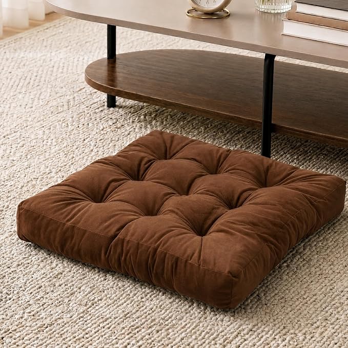 Floor Pillow for Adults, Soft Velvet Floor Cushion for Sitting, Single Square Tufted Floor Pillow for Reading Nook, Living Room, Bedroom, 22 x 22 Inch, Brown