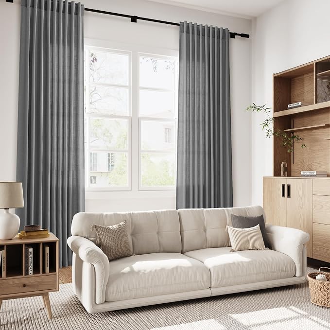 Blazer Grey Linen Curtains 90 Inch Long 2 Panels Set for Bedroom Living Room, Soft Linen Textured Window Drapes Semi Sheer Light Filtering Rod Pocket Back Tab Morden Simple Style 52x90