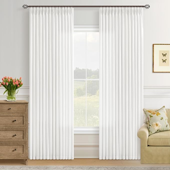 Off White Pinch Pleated Semi Sheer Linen Curtains 80 Inch Long | 80 Inch Long, Ivory, Light Filtering, Privacy, Living Room, Bedroom, Flax Textured, Memory Shape, Hook Rings, Boho, Modern
