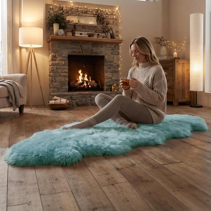 Premium Genuine Sheepskin Area Ruge - Real Wool Fur Shaggy Carpet | Fluffy Soft Natural Lambskin Rug Seat Chair Covers for Couch Sofa Bedroom Living Room(Light Blue,2×6 Feet Sheepskin)