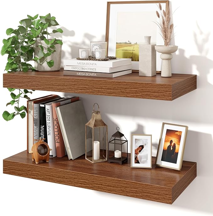 Axeman 24Inch Floating Shelves for Wall, 2 Pack Shelves for Bedroom, Bathroom, Kitchen, Hanging Wall Mounted Rustic Wood Shelf with Invisible Brackets for Books Decor, Walnut