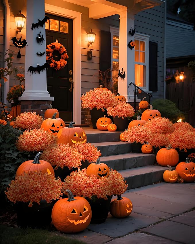 Artificial Fake Mums Flowers for Fall Outdoors Decor, 16 Bundles of Lifelike UV Resistant Orange Silk Daisies – Ideal for Porch, Garden, Yard, Planter, Halloween & Thanksgiving Autumn Decoration