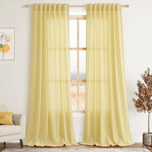 Yellow Linen Curtains 100 inches Long for Bedroom Back Tab Light Filtering Privacy Sheer Yellow Curtains Modern Farmhouse Coastal Decor Cotton Textured Curtain for Living Room 2 Panel Set 52x100