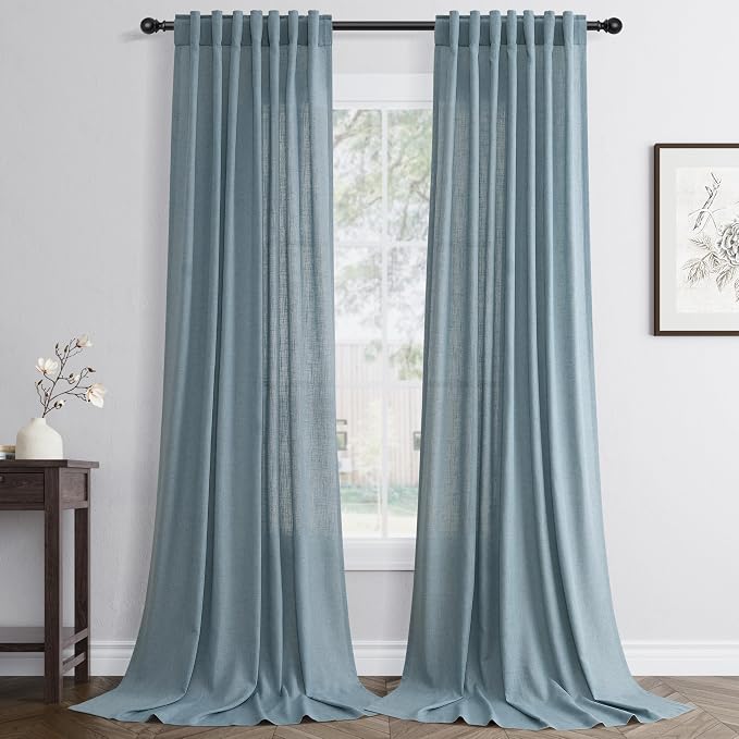Jowels Blue Linen Curtains 94 Inch Long 2 Panels for Living Room | Light Filtering Semi Sheer Curtain, Back Tab Pocket Pleated Look, Boho Farmhouse Textured Privacy Drapes for Bedroom Window