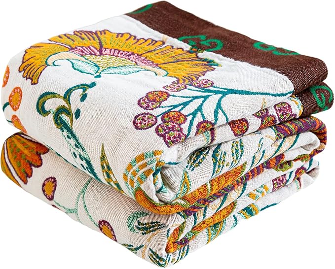 MSGKV Summer Throw Blanket for Couch, 100% Cotton Muslin Breathable Woven Bed Throws 60"x80" Boho Vintage Quilt for All Seasons Lightweight Farmhouse Blankets Home Decoration