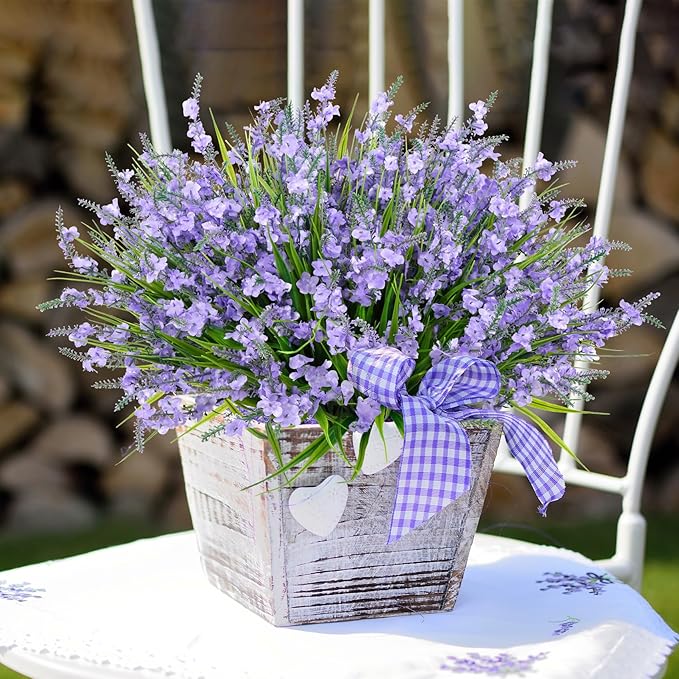 20 Bundles Artificial Lavender Flowers for Outdoors Fake Silk Flowers Faux Plants UV Resistant for Indoor Outside Spring Porch Garden Window Table Box Office Home Decorations, Purple