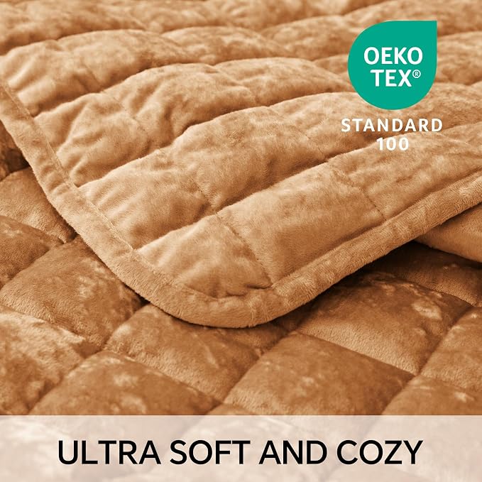 BEDELITE Velvet Quilt Set King Size - Luxury Soft Velvet Comforter Bedding Set for All Season, Lightweight Quilted Box Stitch Oversized Bedspread Coverlet with 2 Matching Shams, Shiny Burnt Orange