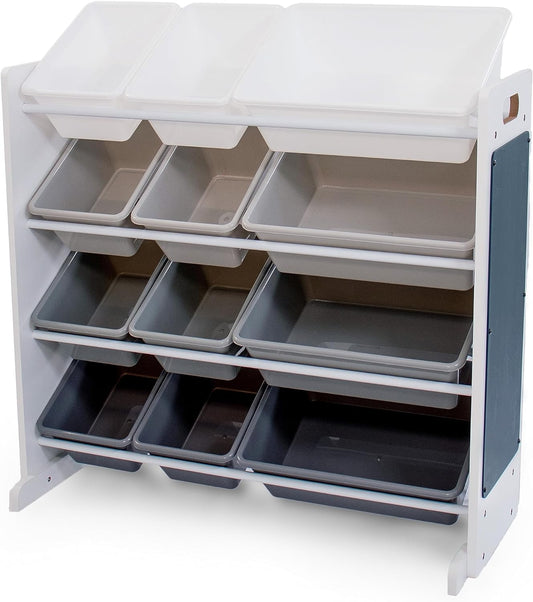 12-Bin Toy Organizer – White/Grey Gradient Ombre Frame with Chalkboard, Eraser & Chalk, Multi-Tier Storage for Kids' Playrooms and Nurseries