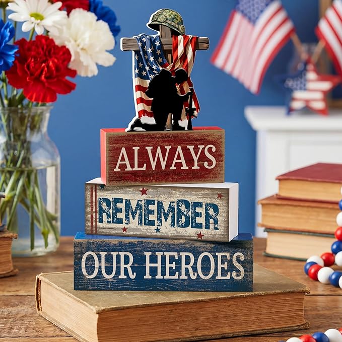 CroBlissful 4 Pcs Memorial Day Decorations 4th of July Patriotic Tabletop Decoration Red White Blue Table Centerpieces Alway Remember Our Heroes Sign for Tiered Tray Home Shelf 250th Anniversary
