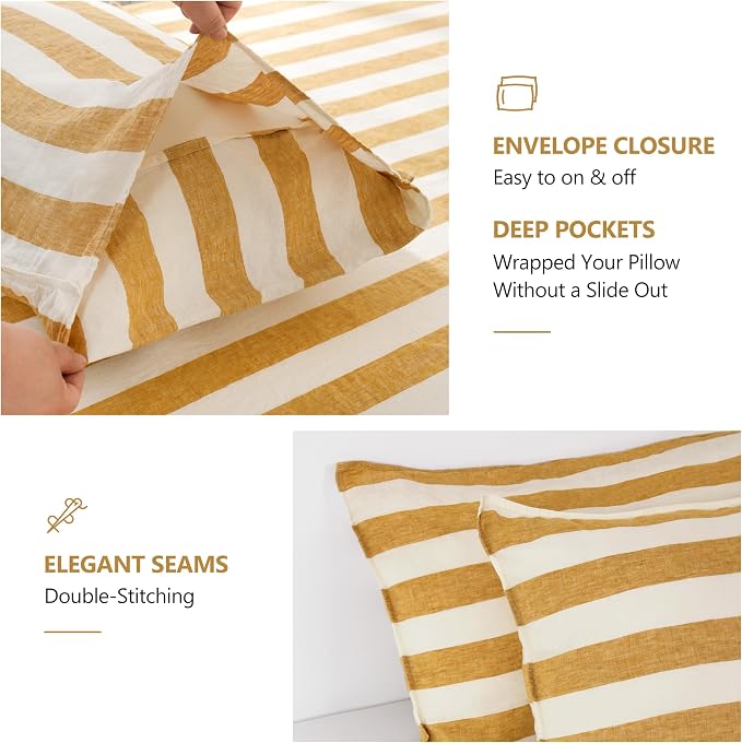 Striped Linen Pillow Cases Set of 2,20"x40" King Size,100% French Natural Flax Soft Linen Pillowcases,Yellow Stripe