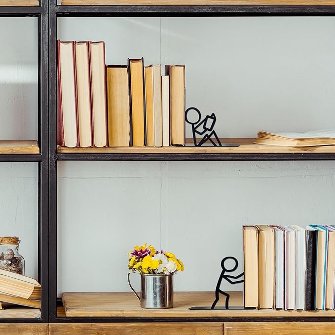 Bookends Decorative Metal Unique Office Desk Bookends Cute Book Ends Reading Decor Bookshelf Decor for Office School Library Bedroom, Book Lovers Gift