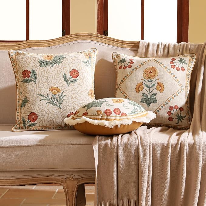 patdrea French Vintage Linen Throw Pillow Cover,18"x18"-RosaSilvestre A | Decorative Pillow Case with Zipper,Yellow Floral Pattern,Cushion Coverfor Couch Living Room Bedroom Sofa