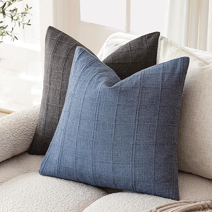 Foindtower Set of 2 Decorative Linen Check Throw Pillow Covers Neutral Farmhouse Vintage Cushion Covers Modern Coastal Boho Home Decor for Sofa Chair Couch Bedroom Living Room,20×20 Inch,Blue