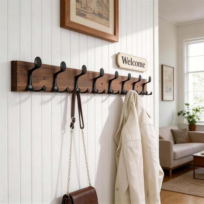 WEBI Coat Rack Wall Mount,43" Solid Wood Coat Hooks Wall Mounted Coat Hanger,16" Hole to Hole,Heavy Duty Hook Rack,8 Triple Hooks for Hanging Coats,Jacket,Hat,Backpack,Farmhouse,Brown,2 Packs
