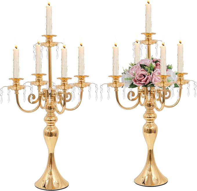 5 Arm Black Candelabra Centerpiece for Table, 20.3” Tall Metal Candlestick Candle Holder for Taper Candles, Gothic centerpieces for Tables, Wedding, Party, Reception (Gold, 2pcs)