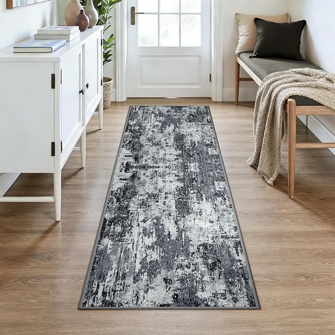RELEANY Washable Area Rugs 3x7 Non-Slip Modern Abstract Soft for Living Room Entryway Bedroom Nursery, Print Pattern, Black Navy Blue Gray