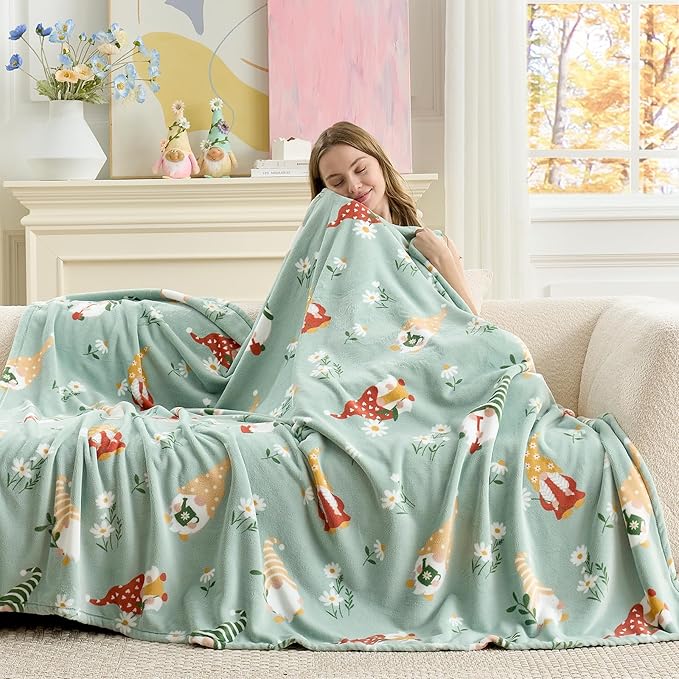 Cozy Bliss Gnome Spring Throw Blanket - Garden Daisy Floral Design, Warm MilkyPlush Throw Blankets, Ultra Soft Cozy Blankets for Couch, Sofa and Bed, Green, 50X60inches