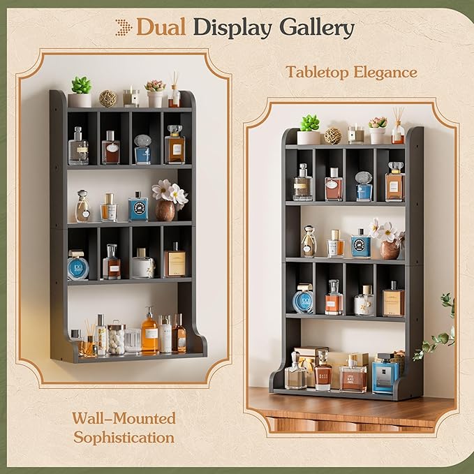 Keebofly Perfume Organizer Wall Mount & Large Cologne Display Case - Wooden Multi-Tier Trinket Shelf for Fragrances, Collectibles, Figures, Miniatures, Cosmetics and Shot Glasses,Black