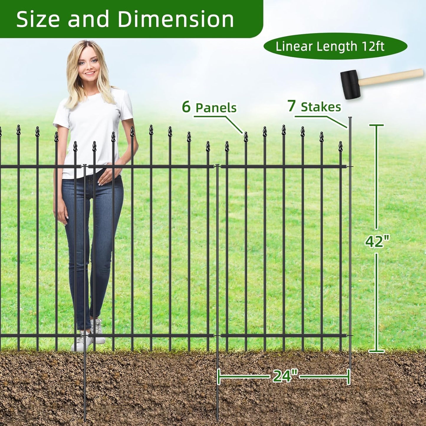 Metal Garden Fence 42 in H x 12 ft L, 6 Panels + 7 Stakes Border Dog Fence Panels Animal Barrier, No Dig Garden Fencing for Yard Patio Flower Bed Lawn Outdoor, Arch Black