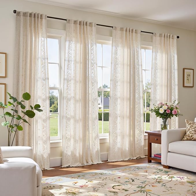jinchan Winslow Linen Curtains for Living Room Floral Curtains 96 Inch Length Ivory Embroidered Bordered for Sitting Room Farmhouse Decor Light Filtering Window Treatments Set of 4