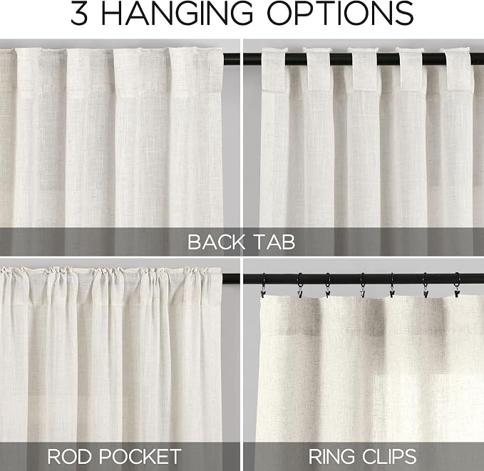 Cream Linen Curtains 84 Inch Length 2 Panels Back Tab Pocket Semi Sheer Bedroom Curtains Light Filtering Country Closet Curtain Drapes Netural Farmhouse Window Panels for Living Dining Room 40x84