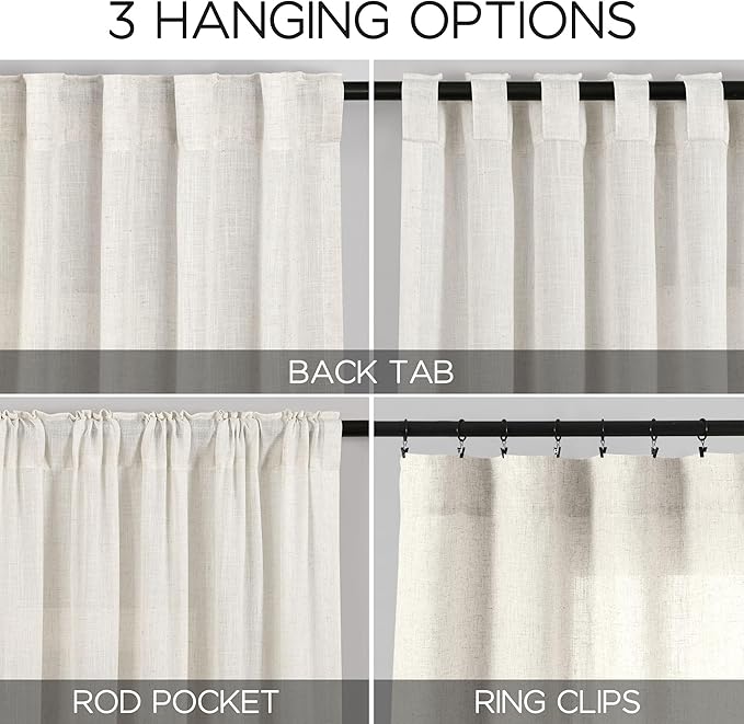 Linen Sheer Curtains 108 Inches Long Back Tab Rod Pocket 2 Panels Cream Semi Sheer Extra Long Curtains Light Filtering Modern Boho Drapes for Living Room Luxury Floor Length Curtain 9Ft 40x108