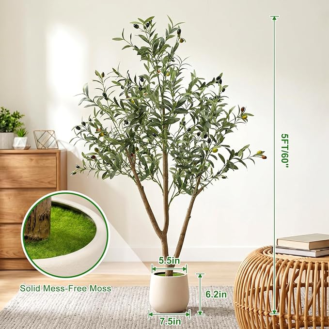 TNELTUEB Olive Trees Artificial Indoor: 5FT Fake Tree with Lights & Planter, Realistic Faux Olive Tree with Lifelike Fruits for Living Room Decor, Fake Silk Plants for Modern Home Office