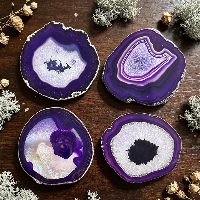 4pcs Agate Coaster for Drinks Purple Irregular Crystal Coasters Dyed with Rubber Bumpers for Coffee Wine or Bar Glasses 4-5"