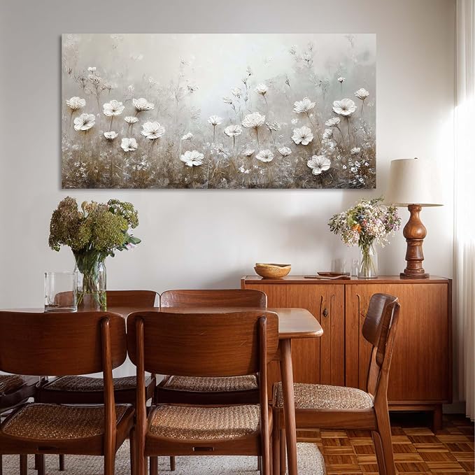 Ggaafet White Floral Wall Art for Bedroom Canvas Oil Painting Prints Flower Landscape Scenic Nature Art Deco Retro Rustic Artwork Office Farmhouse Room Decor