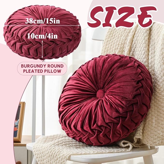 Drydiet 1 Pcs Round Throw Velvet Pillows Decorative Pleated Throw Pillows Diameter Accent Pumpkin Boho Chair Cushion for Couch Sofa Home Decoration (Burgundy,15'')