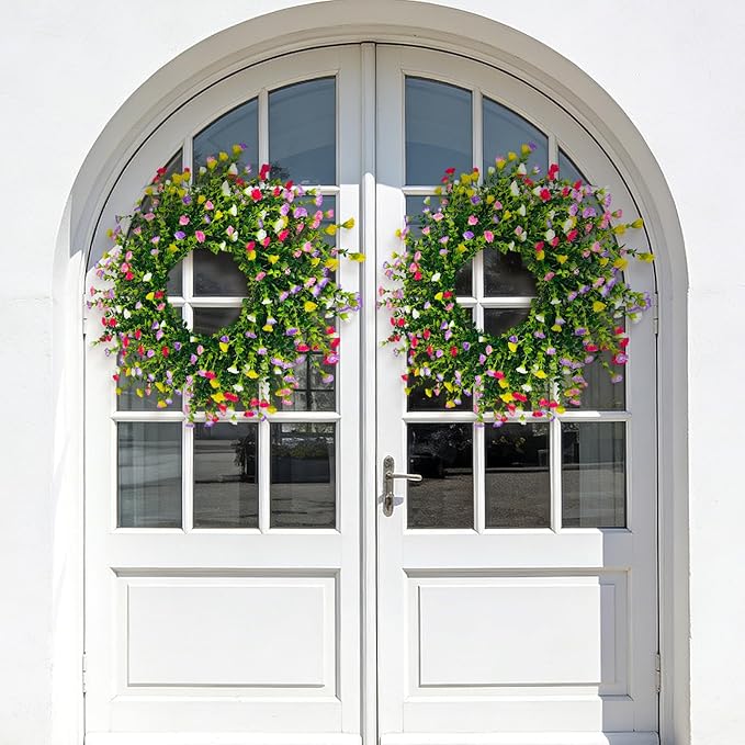 Spring Wreaths for Front Door, 22 Inch Farmhouse Colorful Cottage Wreath, 252 Silk Artificial Carnation Floral with Plastic Greenery Green Leaves Hanging for Porch, Home Summer Decorations