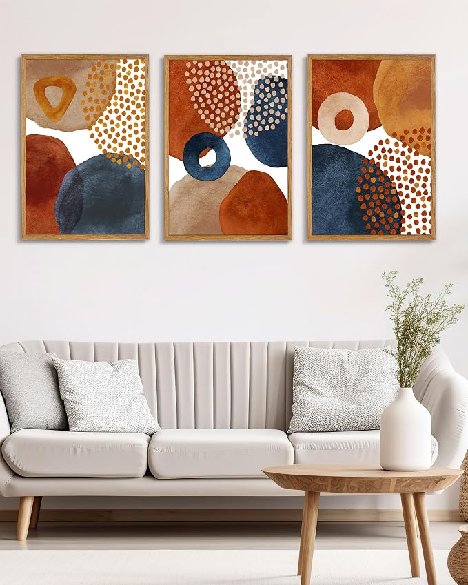 UPWOIGH Boho Abstract Framed Wall Art, 16 x 24 Inch, Set of 3 | Terracotta, Navy and Beige Geometric Prints, Modern Watercolor Boho Design, Light Wood Frames for Bedroom and Living Room