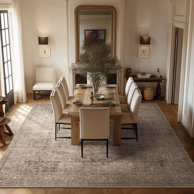 Machine Washable Rugs for Living Room: 10x14 Area Rugs for Bedroom Ultra Soft Non-Slip Low Pile Vintage Distress Boho Large Carpet for High-Traffic Dining Room - Farmhouse Decor