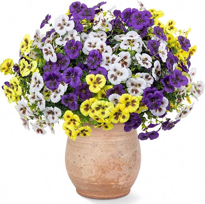 24 Pcs Artificial Fake Pansy Flowers for Outdoor,Faux Silk Plants Flowers UV Resistant Pansies Spring Flowers for Planter Front Door Porch Yard Patio Garden Window Box Home Decor(3 Color)