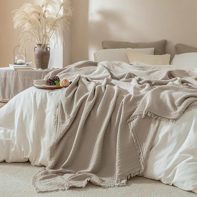 Muslin Fringe Blankets for Adults: 100% Cotton Cloud Soft | 4-Layer Gauze Breathable Lightweight All Season Throw Blanket for Bed Couch Sofa Office