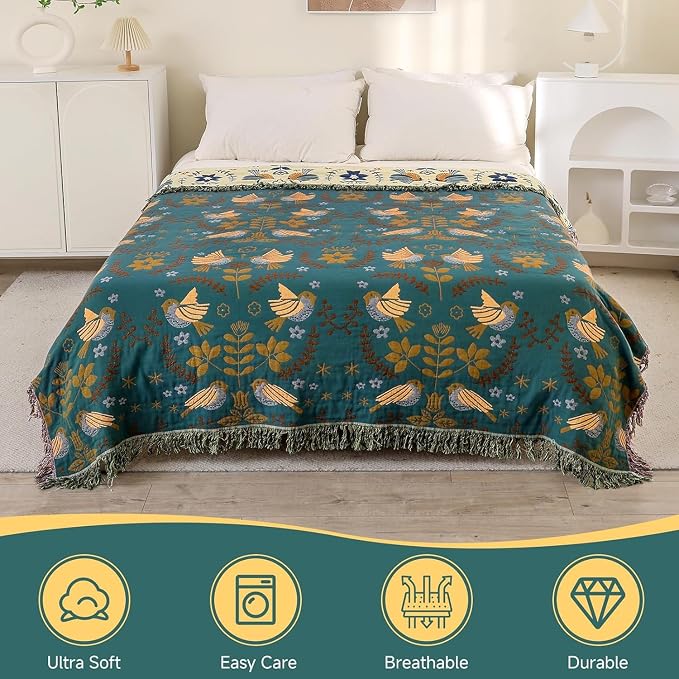 100% Cotton Boho Throw Blanket for Couch 4-Layer Gauze Ultra Soft Breathable Rustic Quilt 50" x 60" Birds and Floral Muslin Summer Blanket for Sofa Chair Bed Home Decor,Teal
