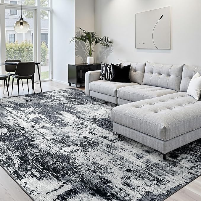 RELEANY Washable Area Rugs 10'x12' Non-Slip Modern Abstract Soft for Living Room Entryway Bedroom Nursery, Print Pattern, Black Navy Blue Gray