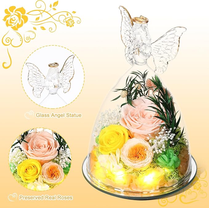 Mothers Day Rose Gifts for Women Preserved Real Flower in Glass Angel Figurines Roses for Delivery Prime Birthday Gifts for Mom Grandma Girlfriend Wife Her, Champagne Austin Roses