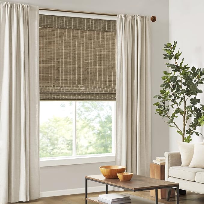 Madison Park Eastfield 100% Bamboo Cordless Roman Shades-Woven Wooden Privacy Panel, Light Filtering Easy Installation Window Blind Treatment, Bedroom, Living Room Decor, 27" W x 64" L, Natural Ash