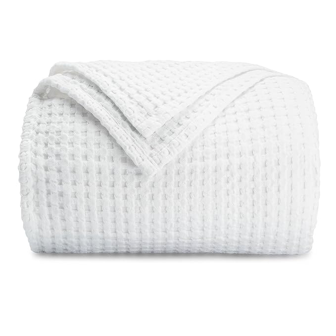 Comfy Cubs Waffle Blanket Queen, 90" x 90" - 100% Cotton Lightweight Breathable Bed Blanket - Soft Textured Thermal Weave for All Seasons – Decorative Cozy Layer for Couch, Sofa, or Bed - White