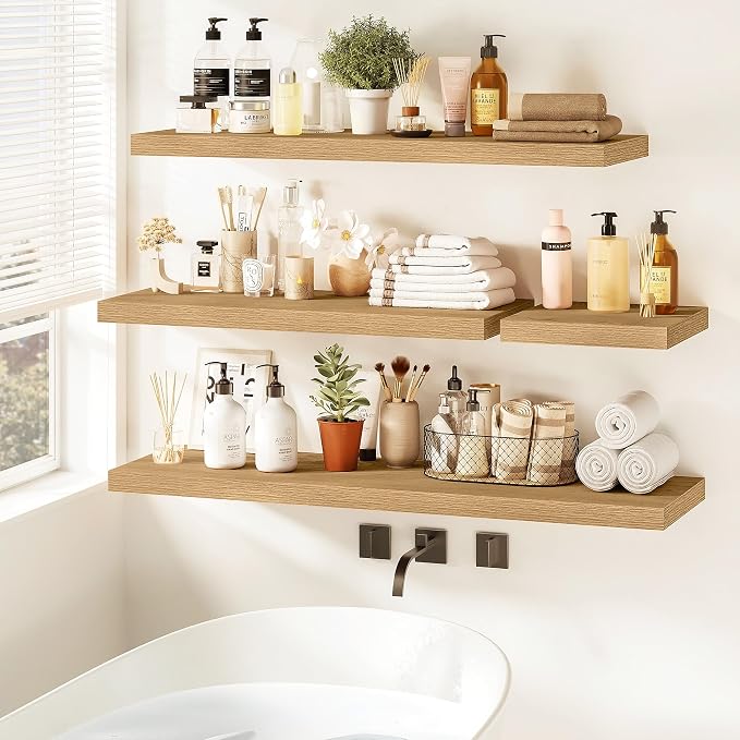 Vivelove 48 Inch Floating Shelves for Wall, 48x9 Display Shelves for Bathroom Living Room Kitchen Bedroom Office Farmhouse Home Decor - Set of 2, Oak