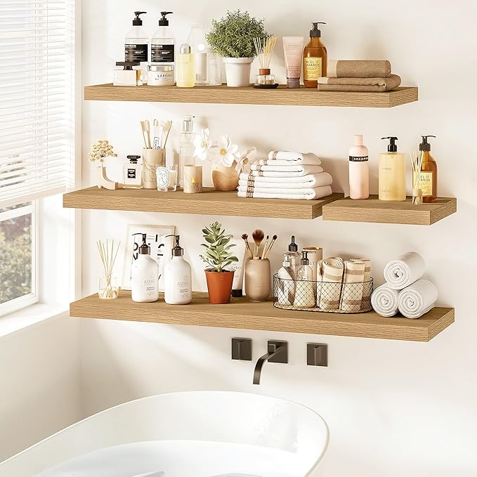 Vivelove 36 Inch Floating Shelves for Wall, 9" Deep Display Shelves for Bathroom Living Room Kitchen Bedroom Office Farmhouse Home Decor - Set of 2, Oak