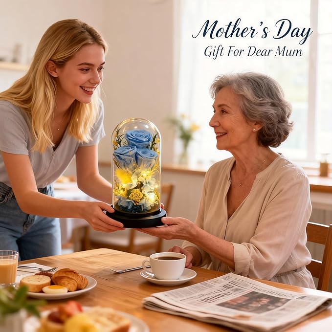 HipTree Preserved Blue Rose in Glass Dome with LED Lights - Forever Eternal Real Rose Gifts for Women, Valentines Day Mothers Day Birthday Wedding Anniversary for Mom Wife Girlfriend