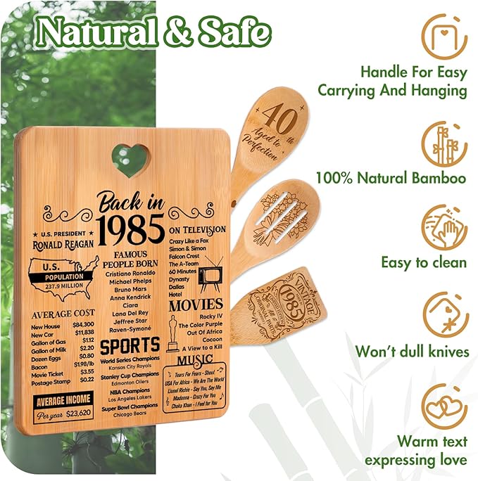 40th Birthday Gifts Women - "Back in 1985" 40th Birthday Gifts Men Cutting Board, Bamboo-Made Engraved "Year 1985 News" 40th Birthday Gifts for Women
