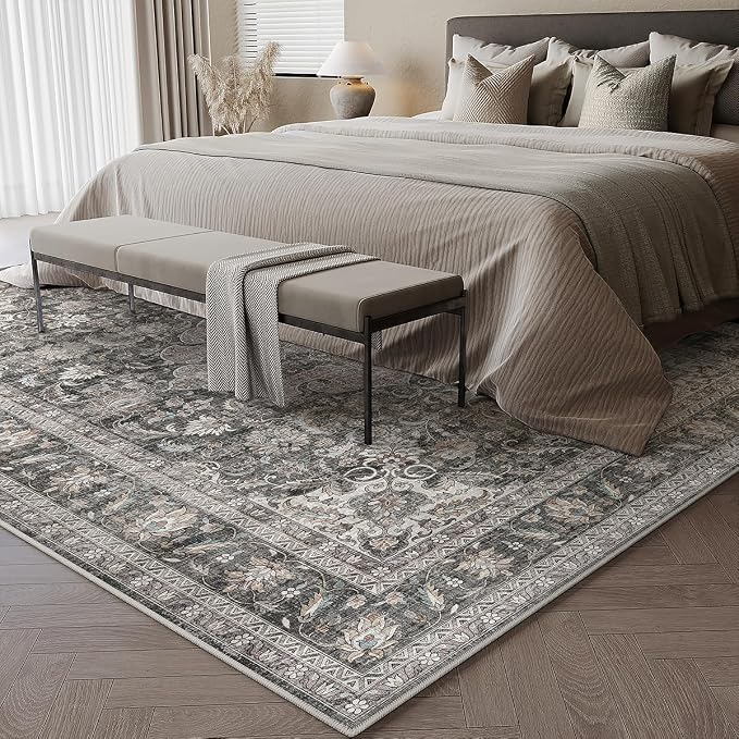 9x12 Washable Area Rug Black Grey Vintage Non Slip Soft Medium Pile Rug for Living Room Bedroom Dining Room Office Distressed Oriental Indoor Large Throw Carpet for Home Decor