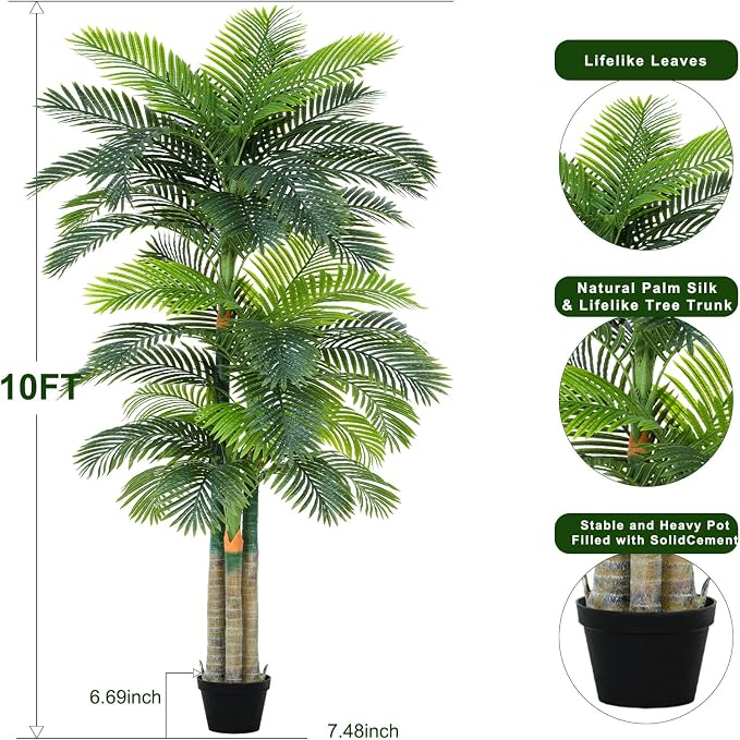10ft Tall Triple Golden Cane Palm Artificial Tree Large Tropical Palm Tree UV Resistant Fake Plant in Pot for Indoor Outdoor Big House Living Room Outside Patio Office Home Decor 1Pack