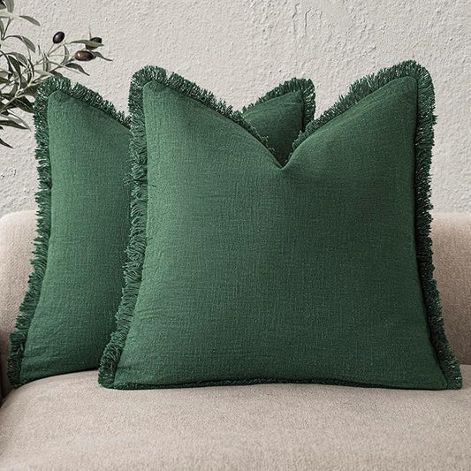 Foindtower Set of 2 Decorative Linen Fringe Throw Pillow Covers Cozy Boho Farmhouse Cushion Cover with Tassels Soft Accent Pillowcase for Couch Sofa Bed Living Room Home Decor, 20×20 Inch, Pine Green